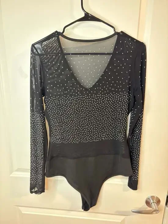 Talent Rhinestone Studded Mesh Long Sleeve Bodysuit in Black M/L - Picture 2 of 11